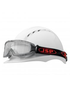 visuel Lunette-masque EVO® Standard JSP posé sur casque de chantier vue de profil vers la gauche