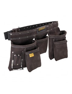 Sacoche outils double poches en cuir marron vide Stanley vue de la ceinture de dos afin de bien voir les différentes poches