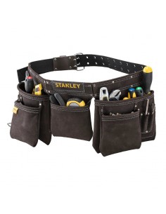 Porte outils double poche en cuir marron vue de dos afin de vois les différentes poches rempllies d'outils