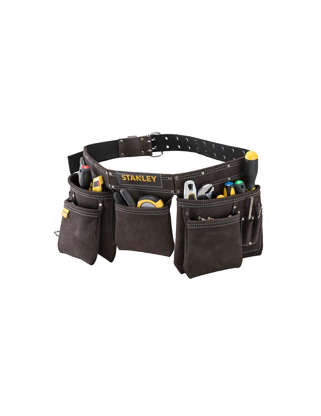 Porte outils double poche en cuir marron vue de dos afin de vois les différentes poches rempllies d'outils